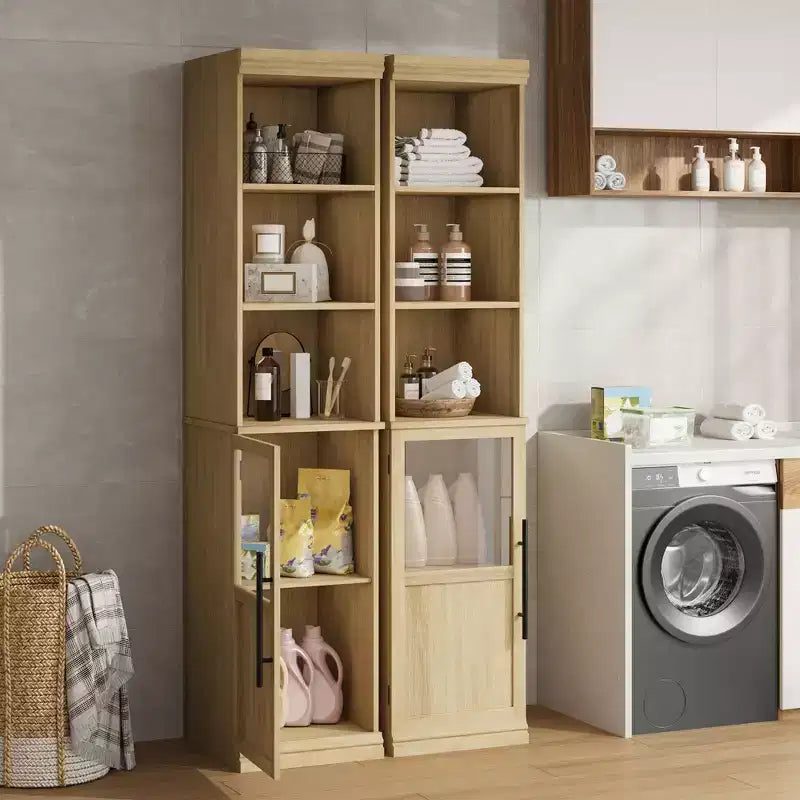 Credenza alta da fattoria con ante in vetro, singolo, colore bianco/legno