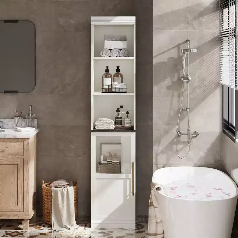 Credenza alta da fattoria con ante in vetro, singolo, colore bianco/legno