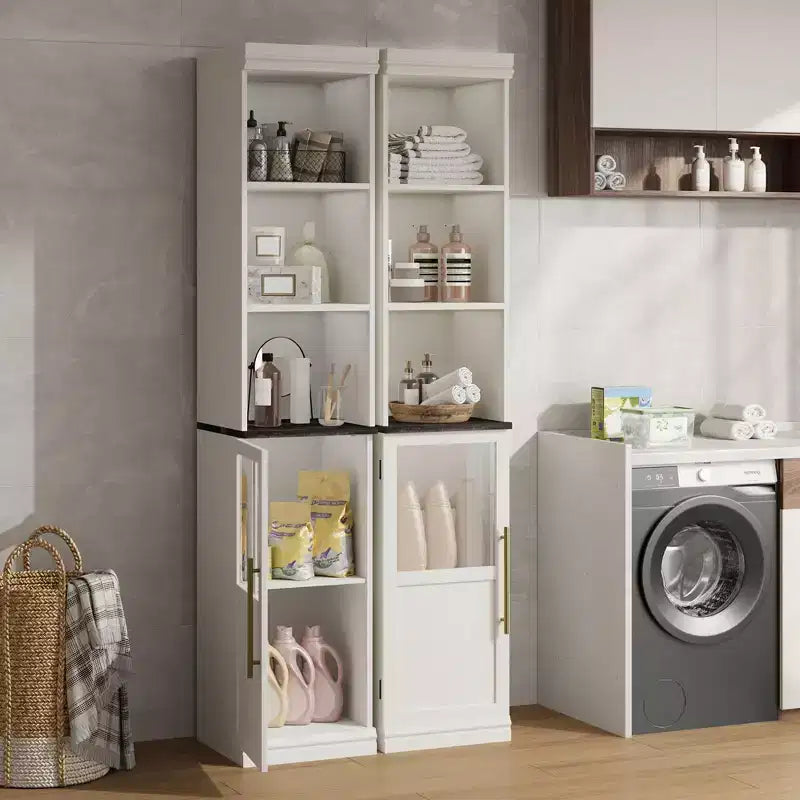 Credenza alta da fattoria con ante in vetro, singolo, colore bianco/legno