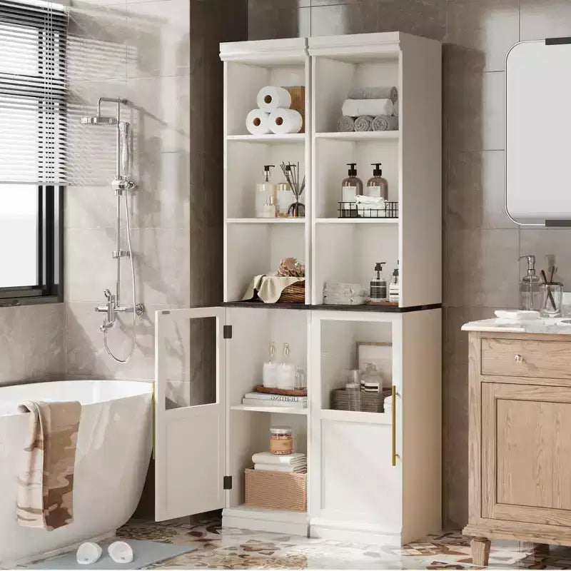 Credenza alta da fattoria con ante in vetro, singolo, colore bianco/legno