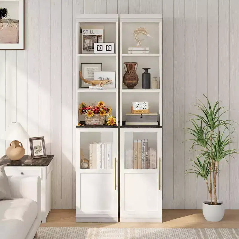 Credenza alta da fattoria con ante in vetro, singolo, colore bianco/legno