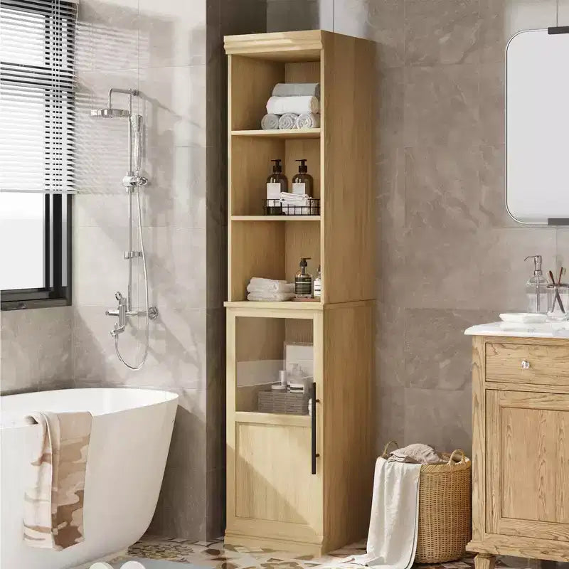 Credenza alta da fattoria con ante in vetro, singolo, colore bianco/legno
