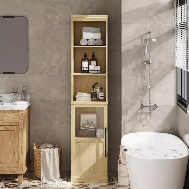 Credenza alta da fattoria con ante in vetro, singolo, colore bianco/legno