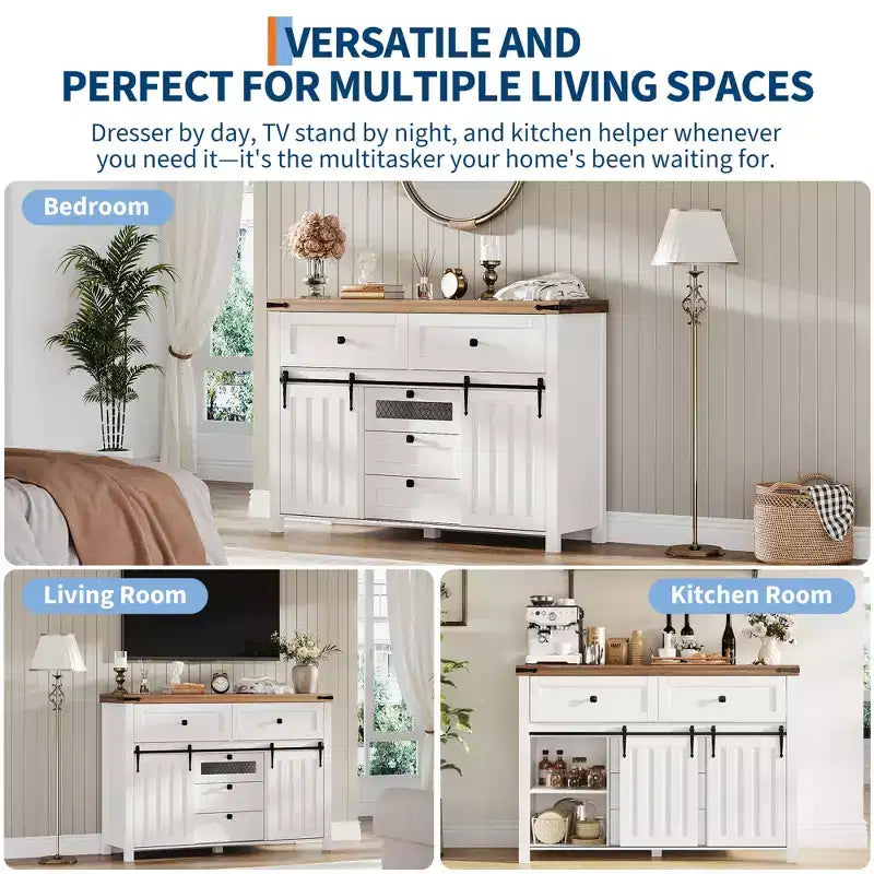 Credenza Bianca con 2 Ante Scorrevoli a Stalla e 5 Cassetti