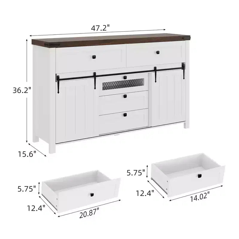 Credenza Bianca con 2 Ante Scorrevoli a Stalla e 5 Cassetti