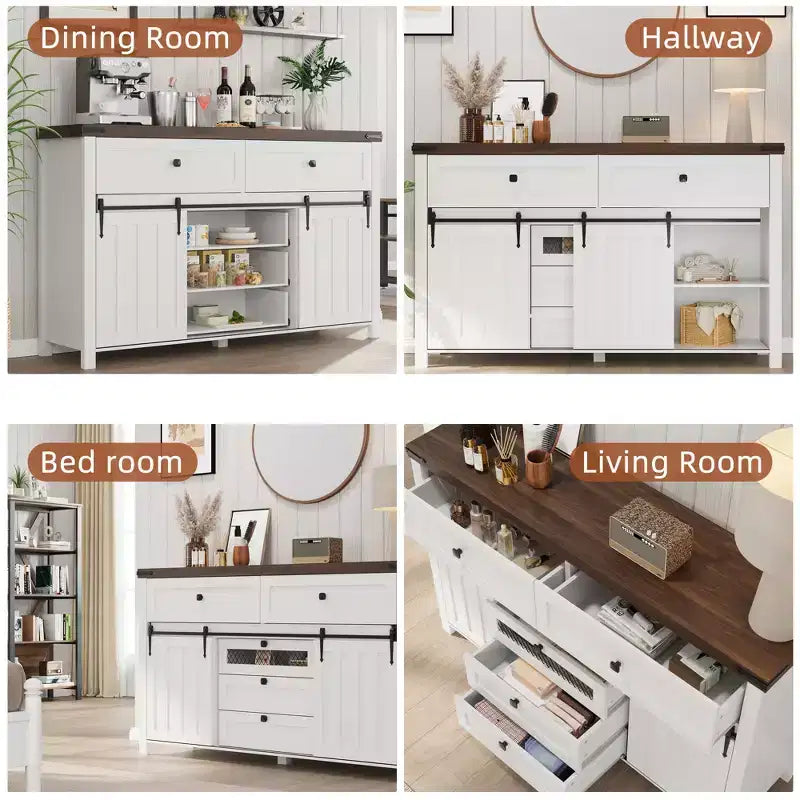 Credenza Bianca con 2 Ante Scorrevoli a Stalla e 5 Cassetti