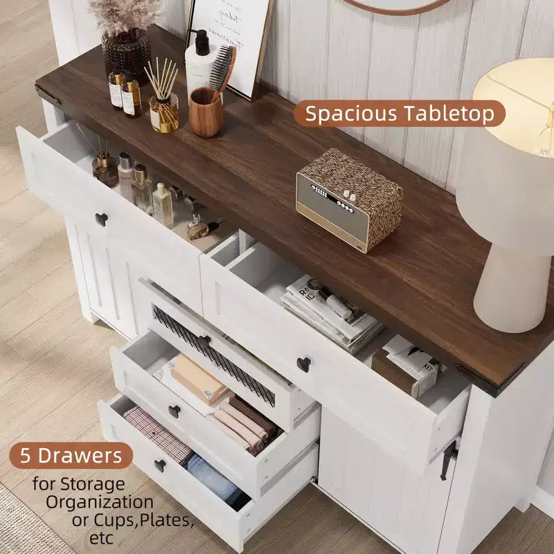 Credenza Bianca con 2 Ante Scorrevoli a Stalla e 5 Cassetti