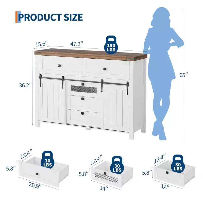 Credenza Bianca con 2 Ante Scorrevoli a Stalla e 5 Cassetti