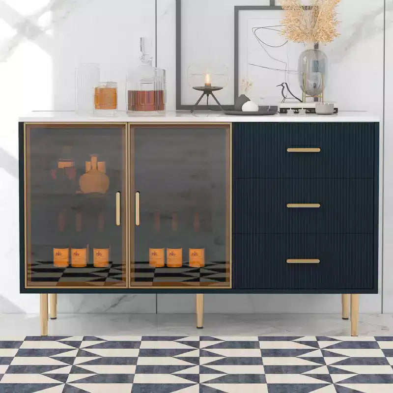 Credenza bianca / blu navy con ante in vetro, mobile basso a 2 ante e 3 cassetti
