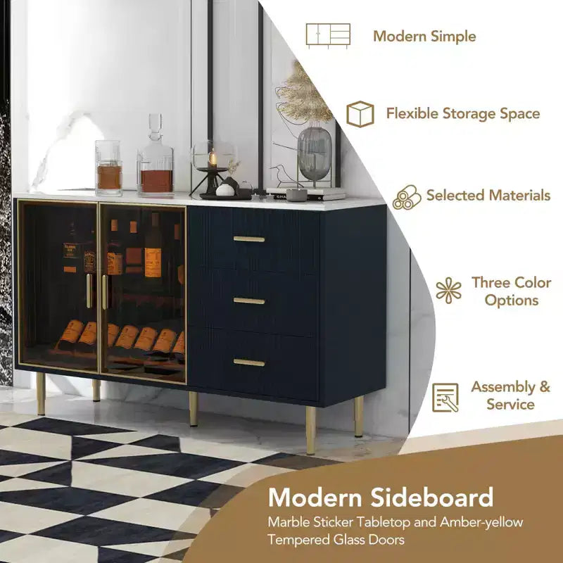 Credenza bianca / blu navy con ante in vetro, mobile basso a 2 ante e 3 cassetti