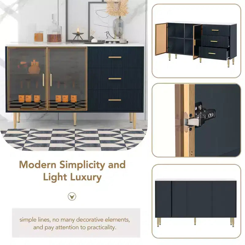 Credenza bianca / blu navy con ante in vetro, mobile basso a 2 ante e 3 cassetti