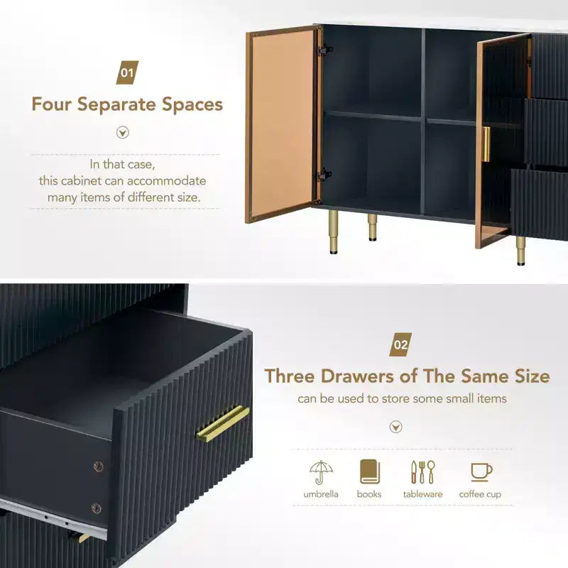 Credenza bianca / blu navy con ante in vetro, mobile basso a 2 ante e 3 cassetti