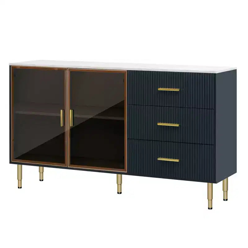 Credenza bianca / blu navy con ante in vetro, mobile basso a 2 ante e 3 cassetti