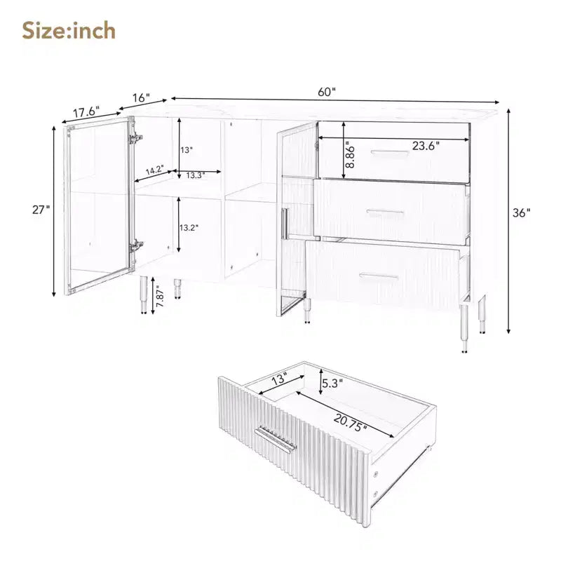 Credenza bianca / blu navy con ante in vetro, mobile basso a 2 ante e 3 cassetti