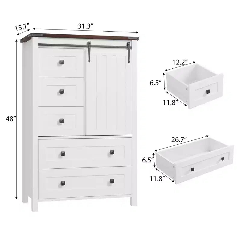 Cassettiera a 5 cassetti bianca/noce con anta scorrevole a serrandina, stile rustico, montaggio da 1 persona