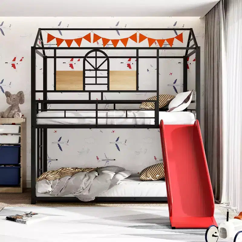 Letto a castello singolo su singolo nero/rosso con scivolo e sponda di protezione, 2 posti