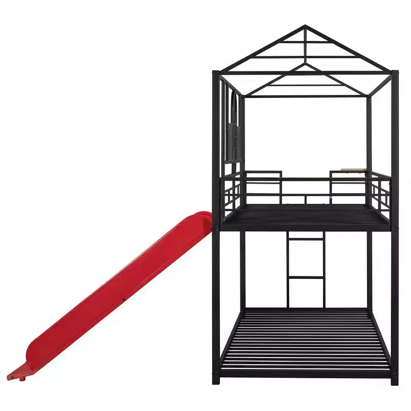 Letto a castello singolo su singolo nero/rosso con scivolo e sponda di protezione, 2 posti