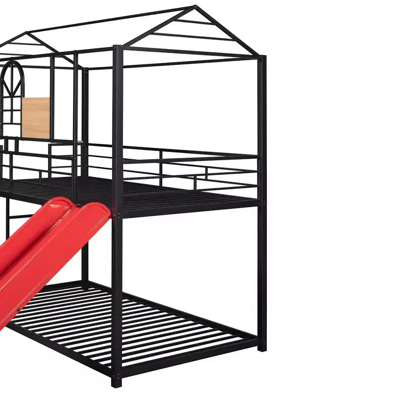Letto a castello singolo su singolo nero/rosso con scivolo e sponda di protezione, 2 posti