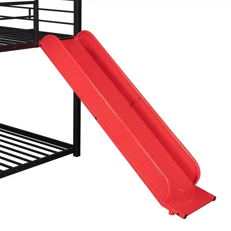 Letto a castello singolo su singolo nero/rosso con scivolo e sponda di protezione, 2 posti