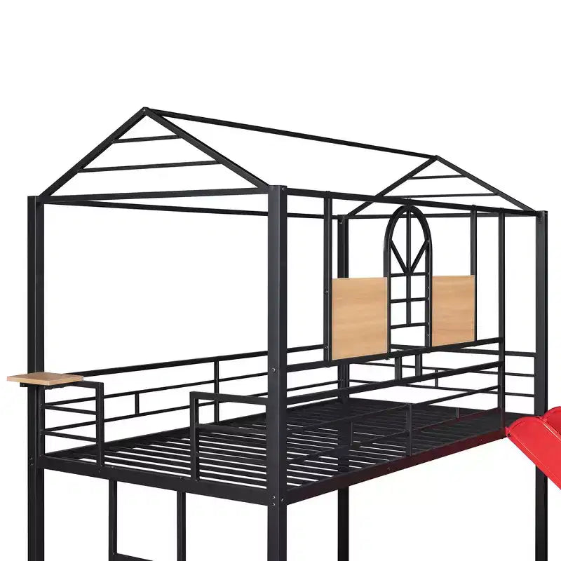 Letto a castello singolo su singolo nero/rosso con scivolo e sponda di protezione, 2 posti