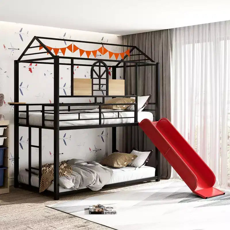 Letto a castello singolo su singolo nero/rosso con scivolo e sponda di protezione, 2 posti
