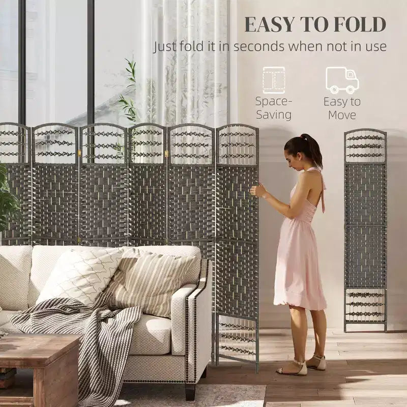 Nero / Marrone / Grigio scuro / Legno naturale / Bianco – Divisorio pieghevole a 6 pannelli intrecciato, Schermo per la privacy per 1 persona