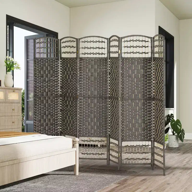 Nero / Marrone / Grigio scuro / Legno naturale / Bianco – Divisorio pieghevole a 6 pannelli intrecciato, Schermo per la privacy per 1 persona