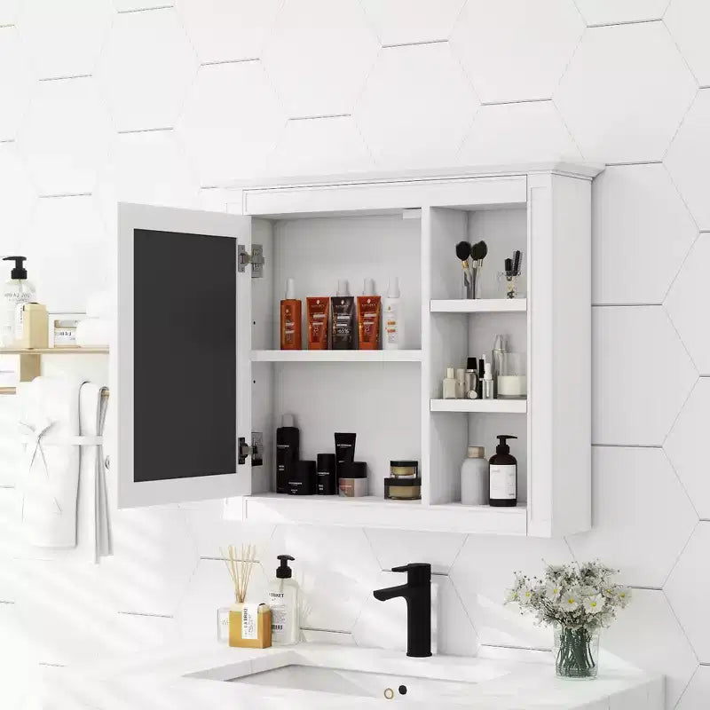 Pensile da bagno a specchio bianco, con anta singola e 3 ripiani