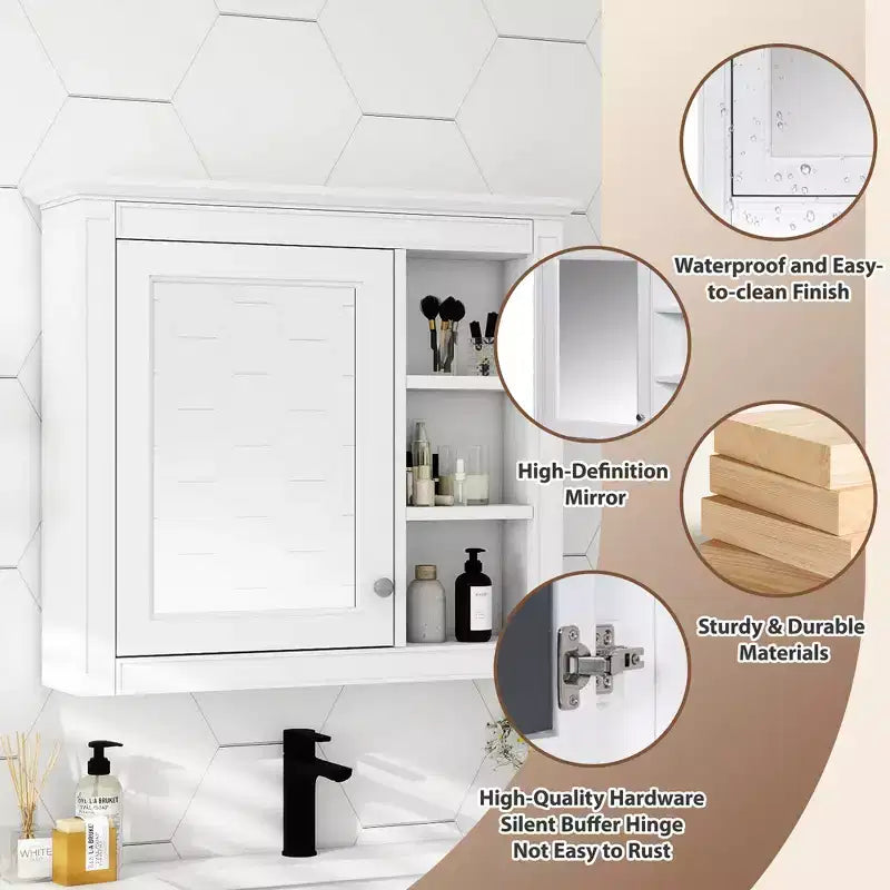Pensile da bagno a specchio bianco, con anta singola e 3 ripiani