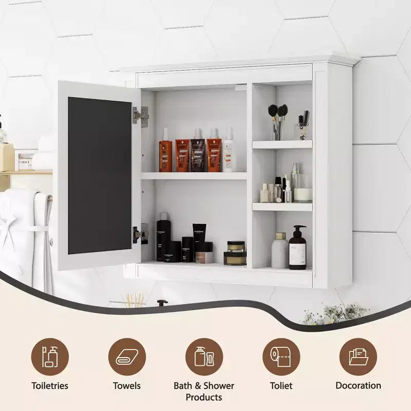 Pensile da bagno a specchio bianco, con anta singola e 3 ripiani