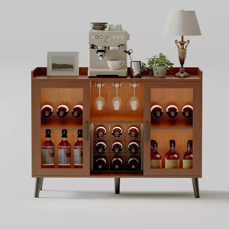 Mobile Bar Nero / Noce con Ante in Vetro, Credenza Freestanding