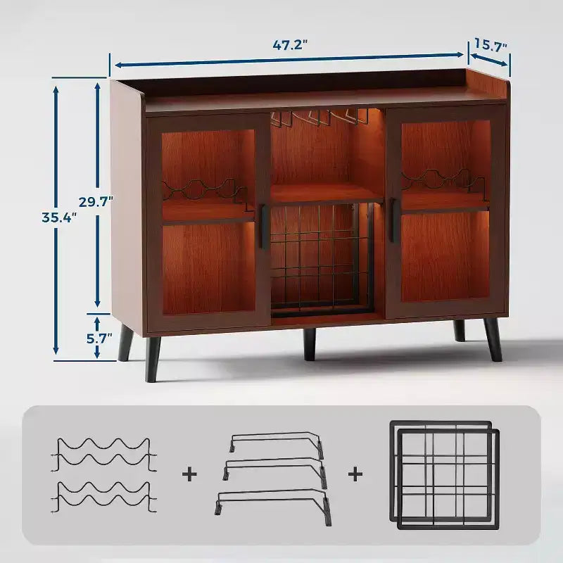 Mobile Bar Nero / Noce con Ante in Vetro, Credenza Freestanding