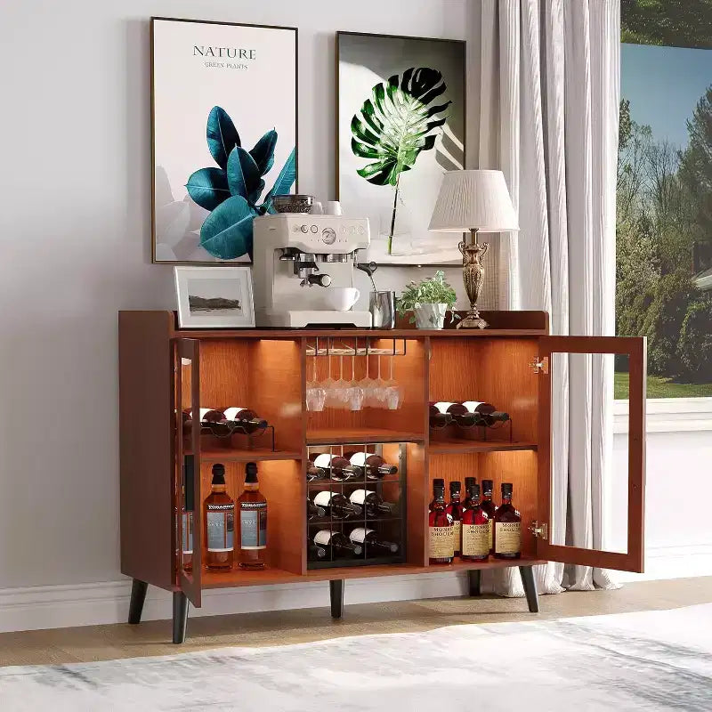 Mobile Bar Nero / Noce con Ante in Vetro, Credenza Freestanding