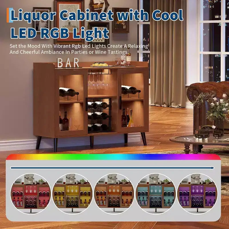 Mobile Bar Nero / Noce con Ante in Vetro, Credenza Freestanding