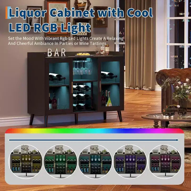 Mobile Bar Nero / Noce con Ante in Vetro, Credenza Freestanding