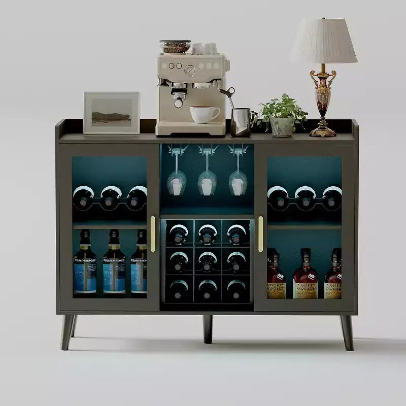 Mobile Bar Nero / Noce con Ante in Vetro, Credenza Freestanding