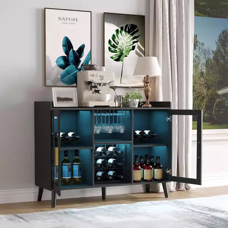Mobile Bar Nero / Noce con Ante in Vetro, Credenza Freestanding