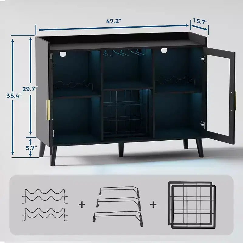 Mobile Bar Nero / Noce con Ante in Vetro, Credenza Freestanding