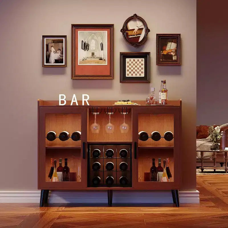 Mobile Bar Nero / Noce con Ante in Vetro, Credenza Freestanding