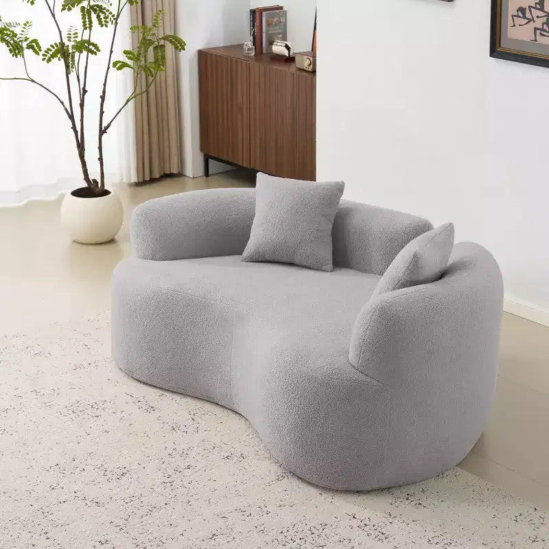 Divanetto curvo in velluto Teddy grigio/bianco, 2 posti