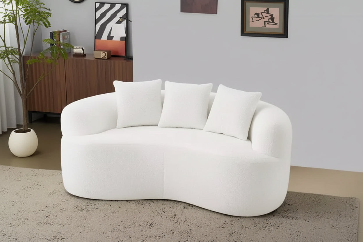 Divanetto curvo in velluto Teddy grigio/bianco, 2 posti