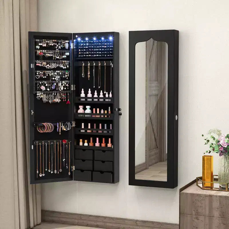 Specchio per Gioielli da Appendere a Parete/Porta con LED e Serratura, Colore Nero, 1 Persona