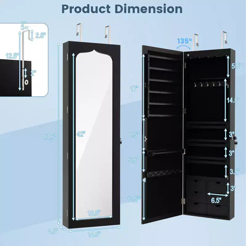 Specchio per Gioielli da Appendere a Parete/Porta con LED e Serratura, Colore Nero, 1 Persona