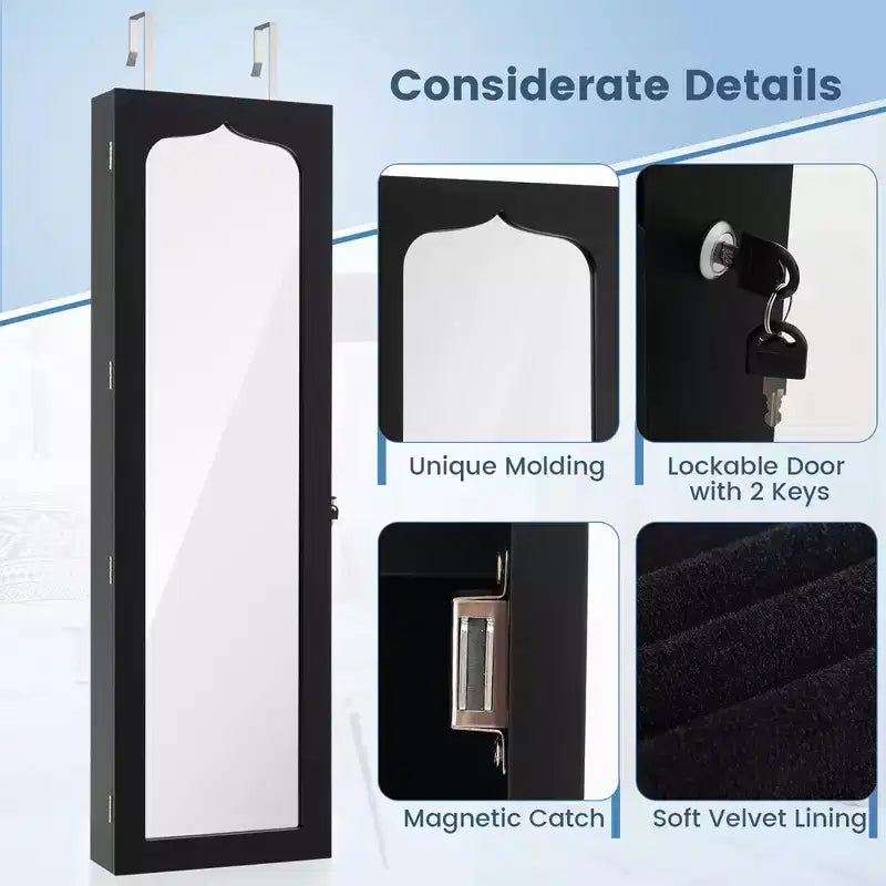Specchio per Gioielli da Appendere a Parete/Porta con LED e Serratura, Colore Nero, 1 Persona