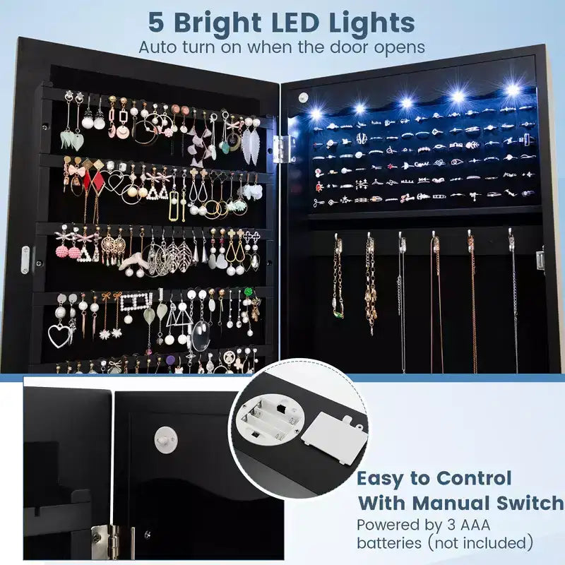 Specchio per Gioielli da Appendere a Parete/Porta con LED e Serratura, Colore Nero, 1 Persona