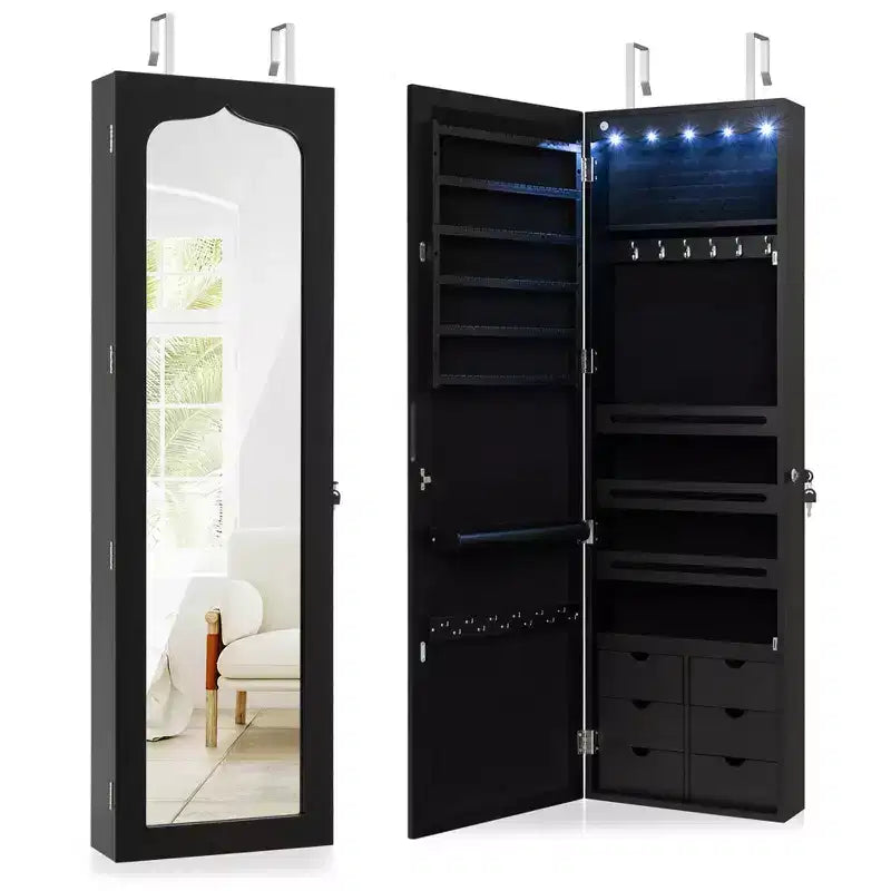 Specchio per Gioielli da Appendere a Parete/Porta con LED e Serratura, Colore Nero, 1 Persona