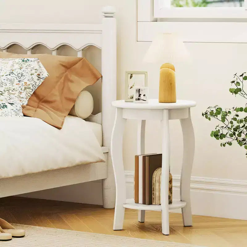 Tavolino rotondo bianco a 2 ripiani con mensola contenitore e gambe in legno