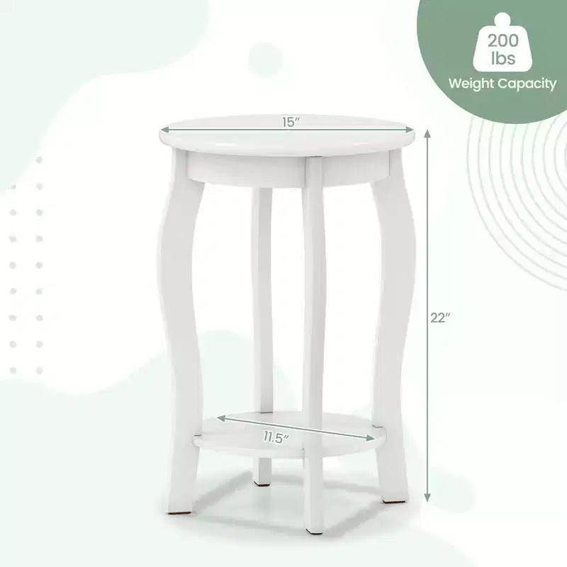 Tavolino rotondo bianco a 2 ripiani con mensola contenitore e gambe in legno