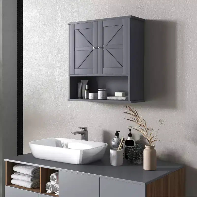Mobiletto da parete rustico grigio/bianco con anta scorrevole a granaio, singolo