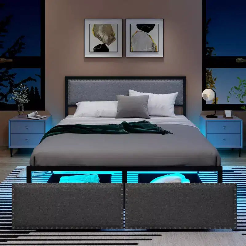 Letto matrimoniale Queen grigio con luci LED e 2 cassetti portaoggetti, per 2 persone